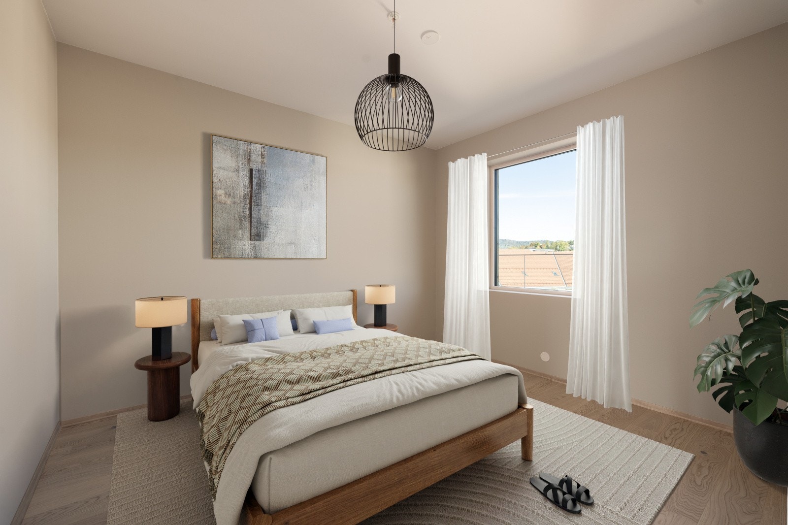 Leiligheten har tre gode soverom, alle med adkomst fra gangen. - Bildet har digital møblering og er kun en illustrasjon. Galleribilde