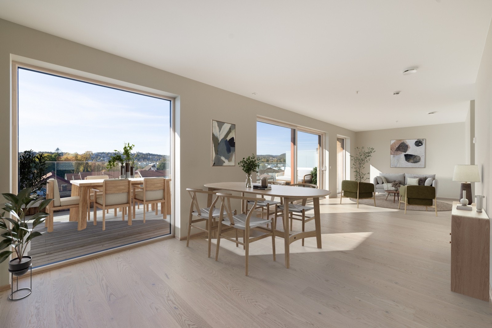 Innbydende stue av god størrelse, med vannbåren gulvvarme og åpen kjøkkenløsning. - Digital møblering, kun en illustrasjon. Galleribilde