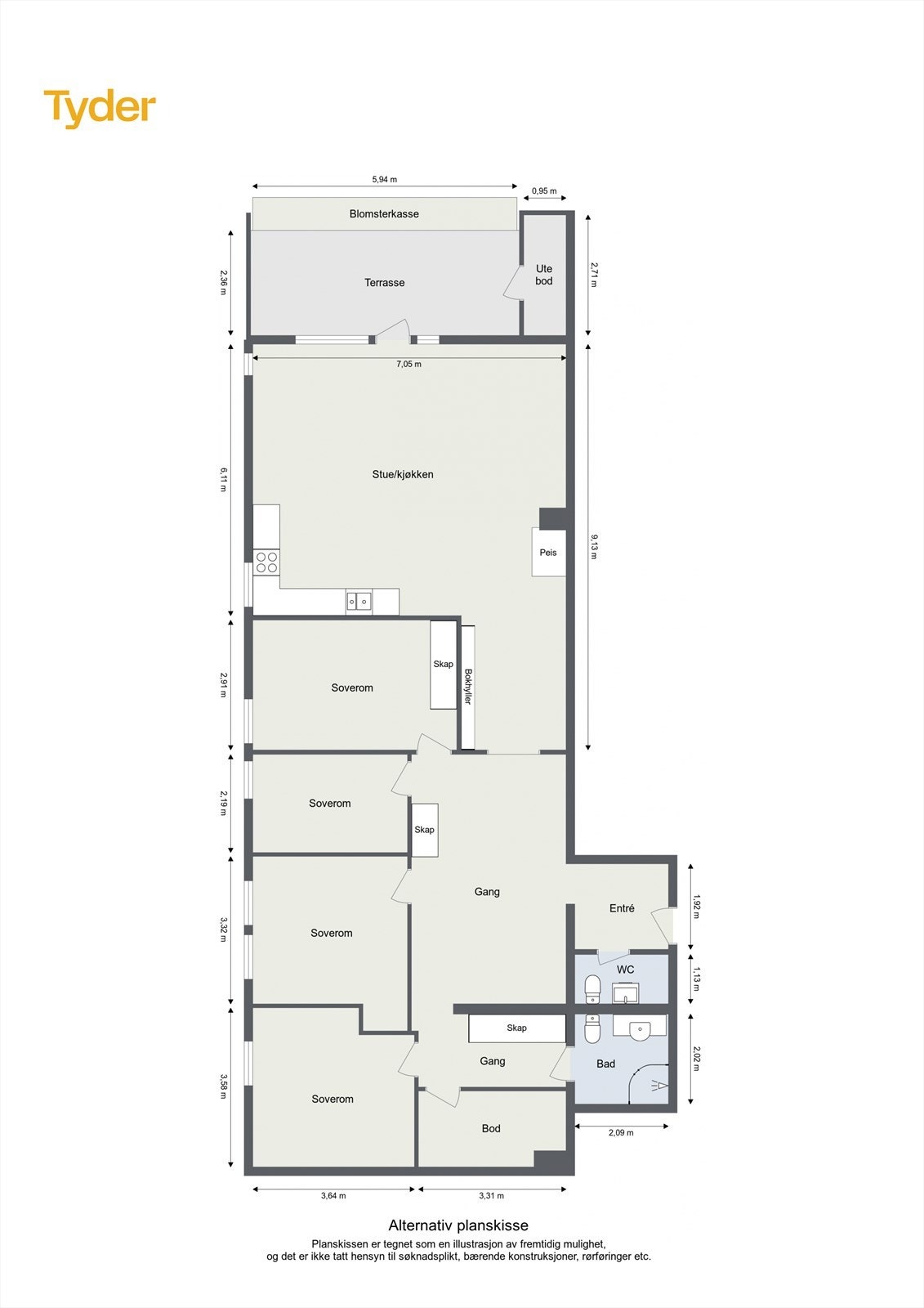 Alternativ plantegning for leiligheten. Plantegningen er utarbeidet som en illustrasjon. Det er ikke vurdert om løsningen lar seg gjennomføre teknisk eller i henhold til gjeldene regelverk, og endringer kan derfor vise seg å ikke være mulige. Galleribilde