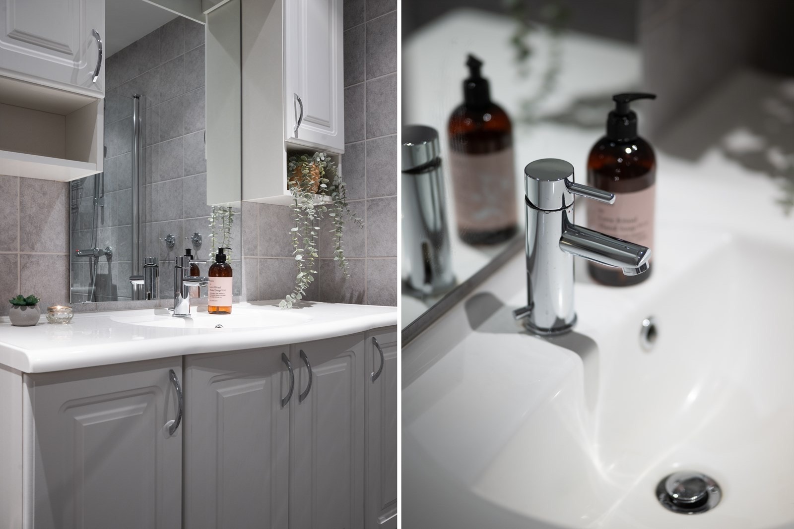 Badet er utstyrt med dusj med innfellbare glassdører, gulvstående toalett og servant med tilhørende baderomsinnredning. Galleribilde