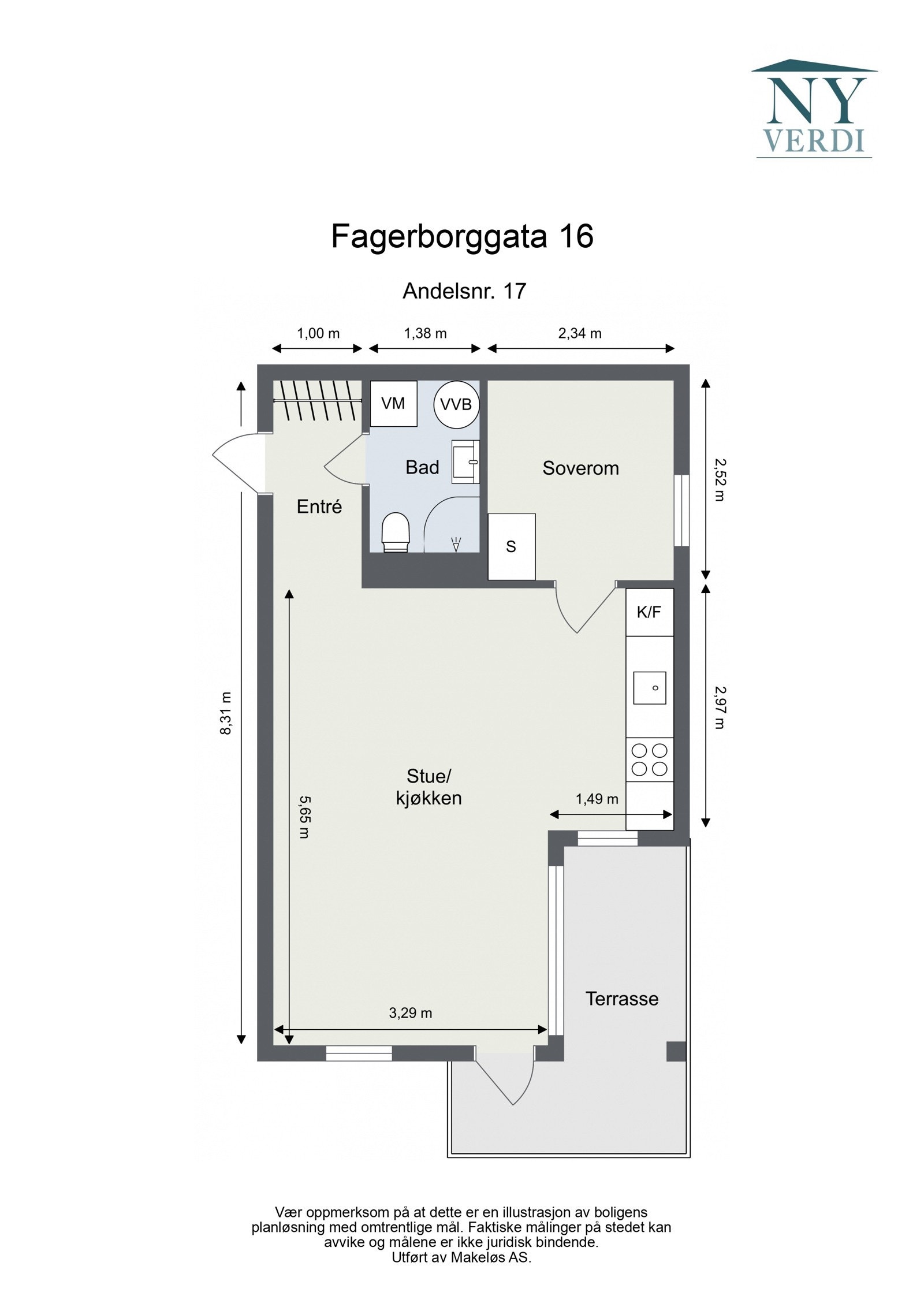 Plantegning 2. etasje. I tillegg disponerer leiligheten en bod på ca. 3,5m². Heis i bygget. Galleribilde