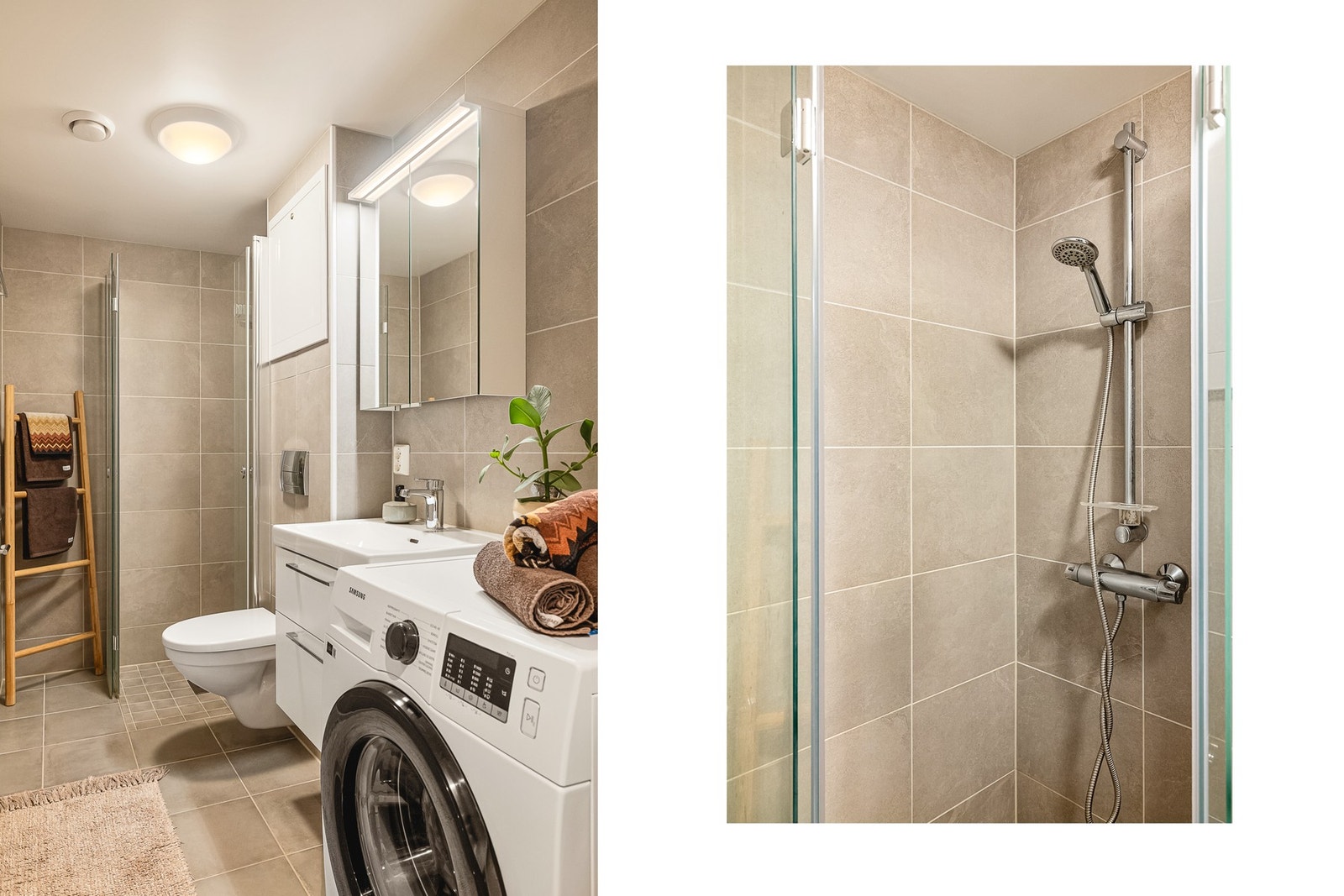 Lekkert bad fra 2022 med delikate fliser på gulv og vegg.
Varmtvann er inkludert i felleskostnadene. Galleribilde