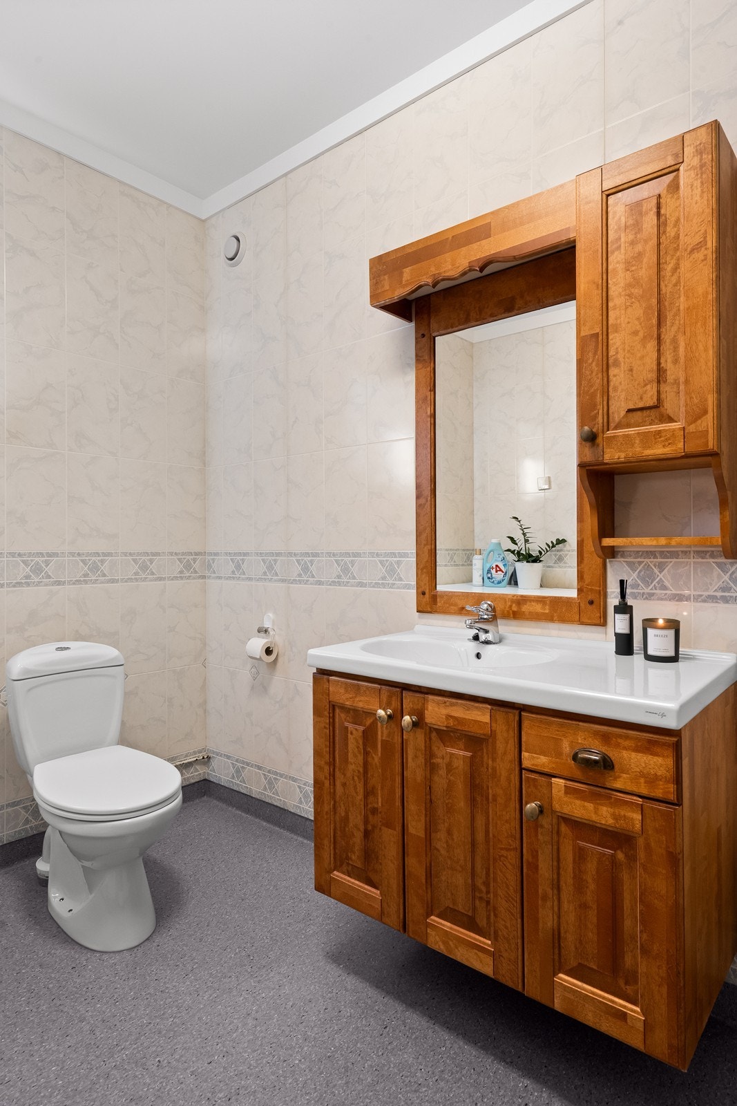 Videre er det montert toalett og rommet varmes opp av en panelovn på veggen. Galleribilde