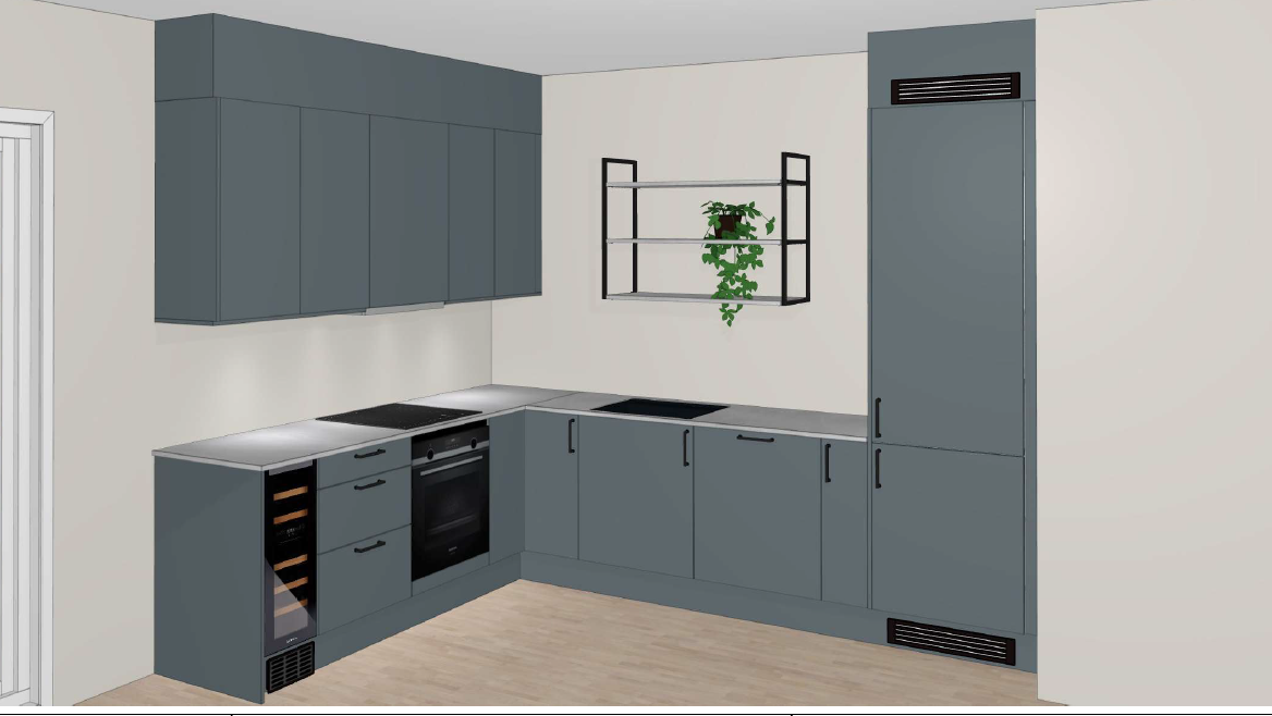 Kjøkkenet er Sigdal Line i fargen Strøm. Kjøkkenet er betydelig oppgradert og har integrert vinskap. Galleribilde