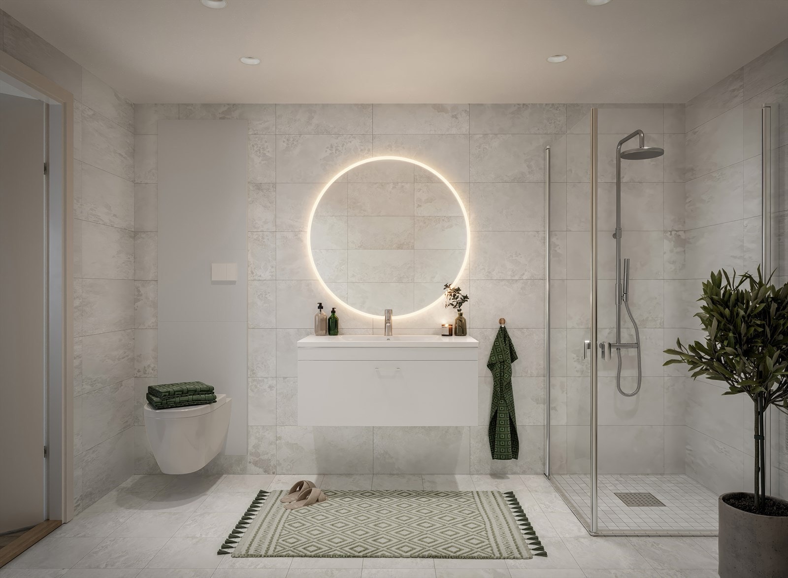 Badene blir en forlengelse av kvalitetene, teksturene og fargevalgene du finner i leilighetene ellers! Leiligheten blir levert med en vakker italiensk porcellanato flis av typen La Fenice i fargen Bianco. Galleribilde