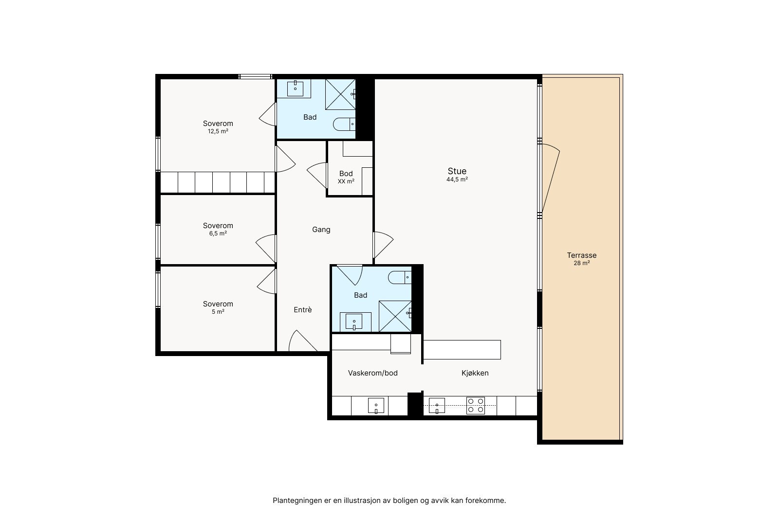Super planløsning - Stor stue, tre soverom, to bad og praktisk vaskerom - den har også innvendig bod, samt bod i kjelleretasje. Galleribilde