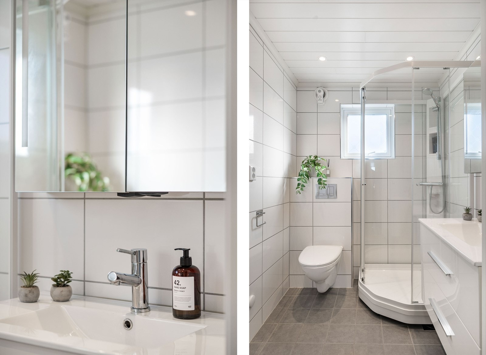 Baderommet er stilrent, helfliset og ble renovert av borettslaget i 2019, med elektrisk gulvvarme som gir ekstra komfort. Galleribilde