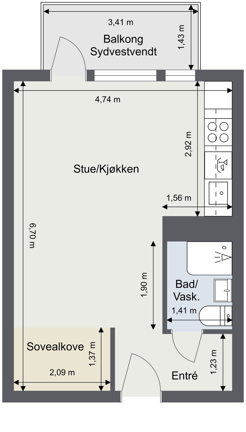 Plantegning. Flere leiligheter i bygget har etablert soverom og flyttet kjøkken for å etablere fullverdig 2-roms. Skissen er ikke målbar og kun ment som illustrasjon. Avvik kan forekomme. Galleribilde