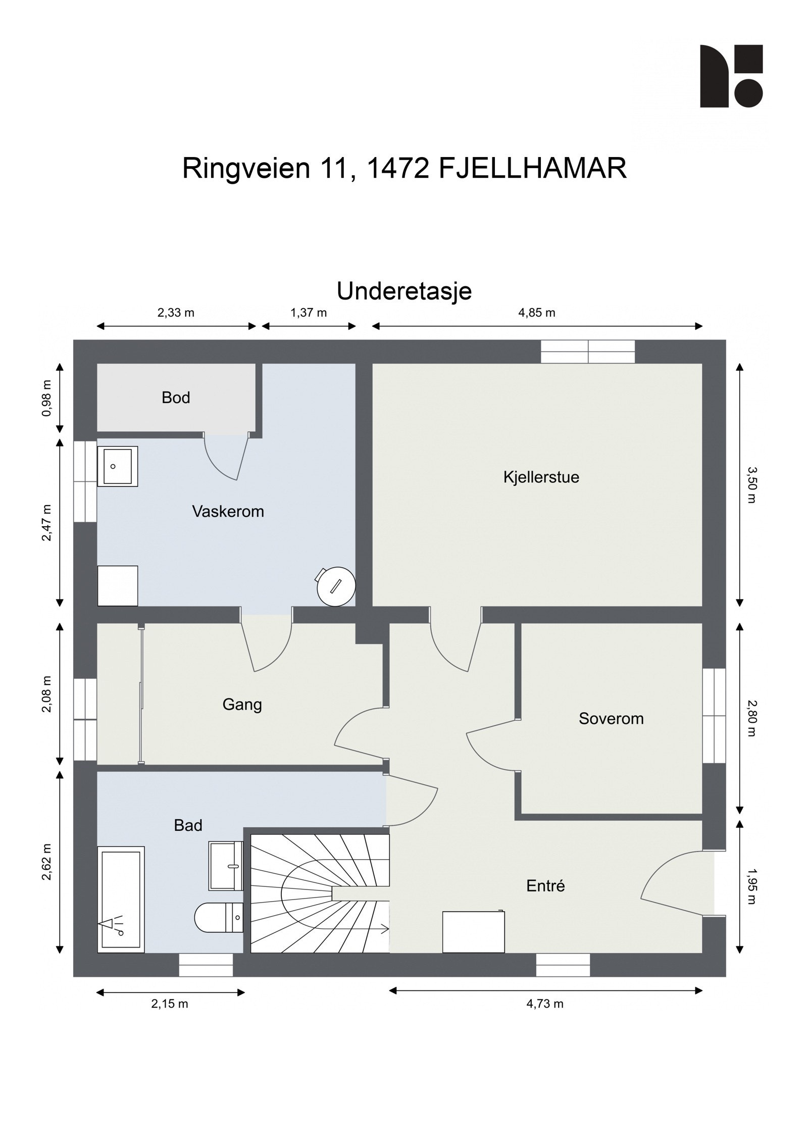 Planløsning U-etasje består av Entre, gang, soverom, bad, vaskerom, kjellerstue og bod. Galleribilde