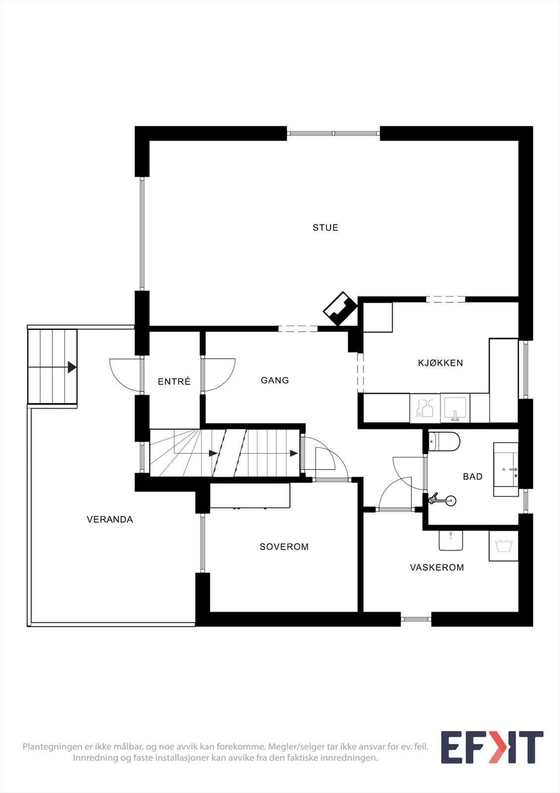 Første etasje har en praktisk romfordeling med stue, kjøkken, bad, vaskerom og ett soverom. Galleribilde
