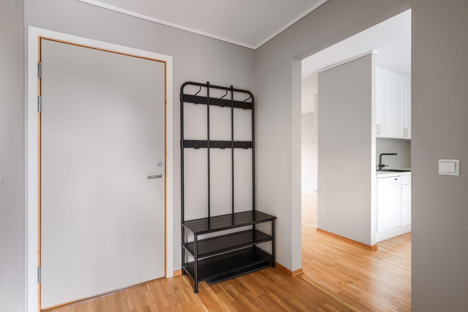 Entreen fordeler seg videre inn til baderom, bod samt leilighetens kjøkken og stueareal. Galleribilde