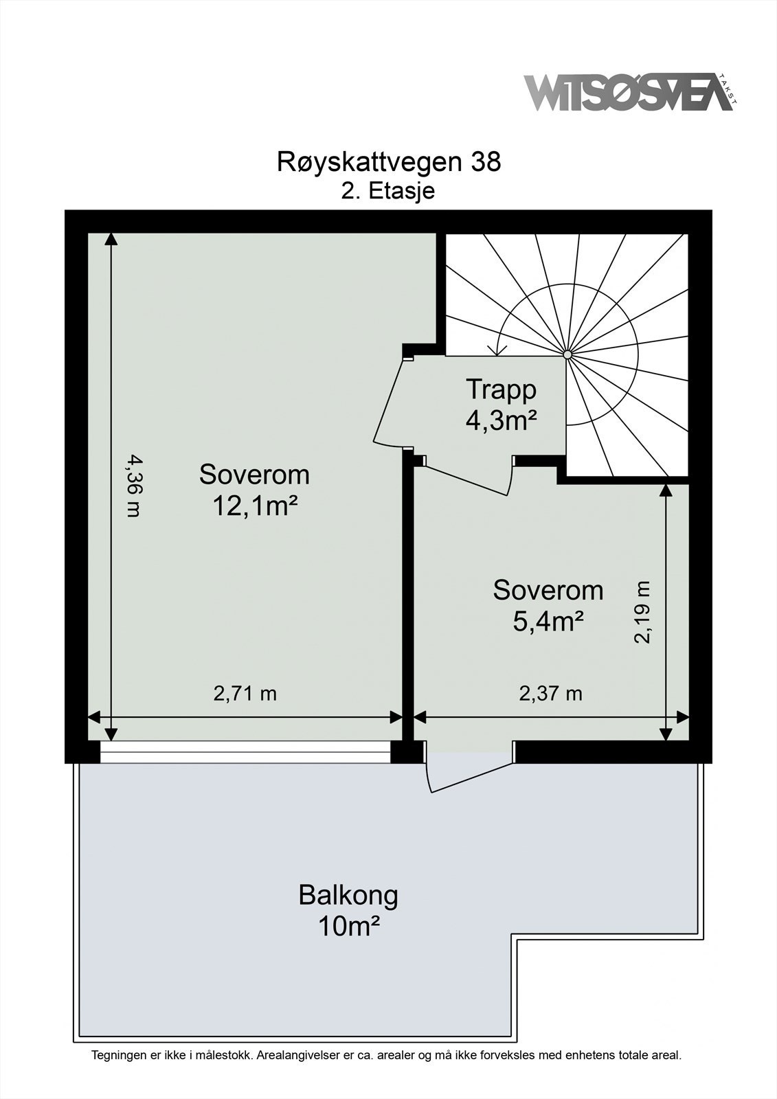 Andre etasje inneholder to soverom og trapperom, med utgang til en 10 m² stor balkong. Galleribilde