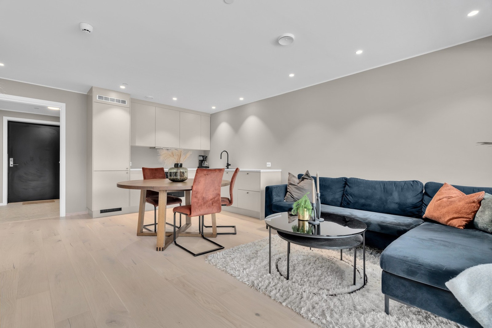 Romslig sosial stue med kjøkken i åpen løsning Galleribilde