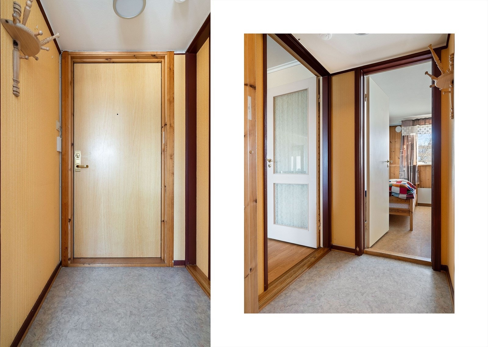 Forbi inngangsdøren venter en entré med plass til vegghengt klesoppbevaring og skoskap. Herfra er det adkomst til stuen og ett av soverommene. Galleribilde