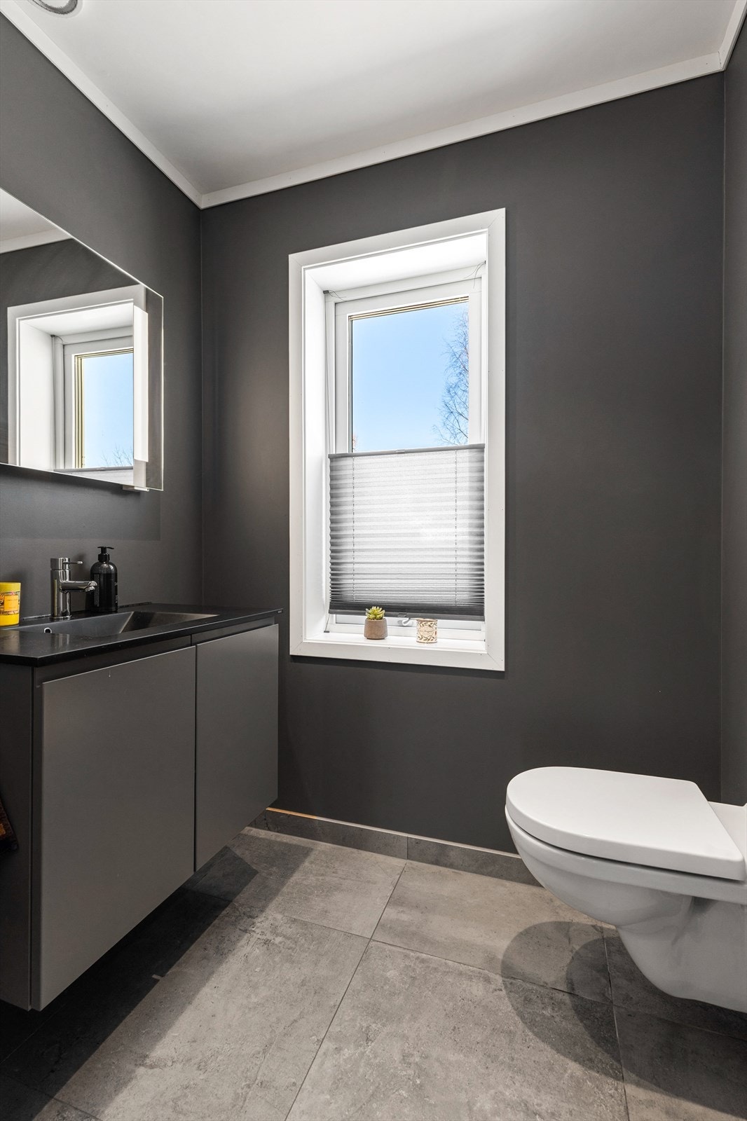 Toalettrom med fliser på gulv med gulvvarme. Malte veggflater. Nedsenket himling med downlights. Vegghengt servantinnredning. Ovenpåliggende servant med armatur. Vegghengt toalett. Galleribilde