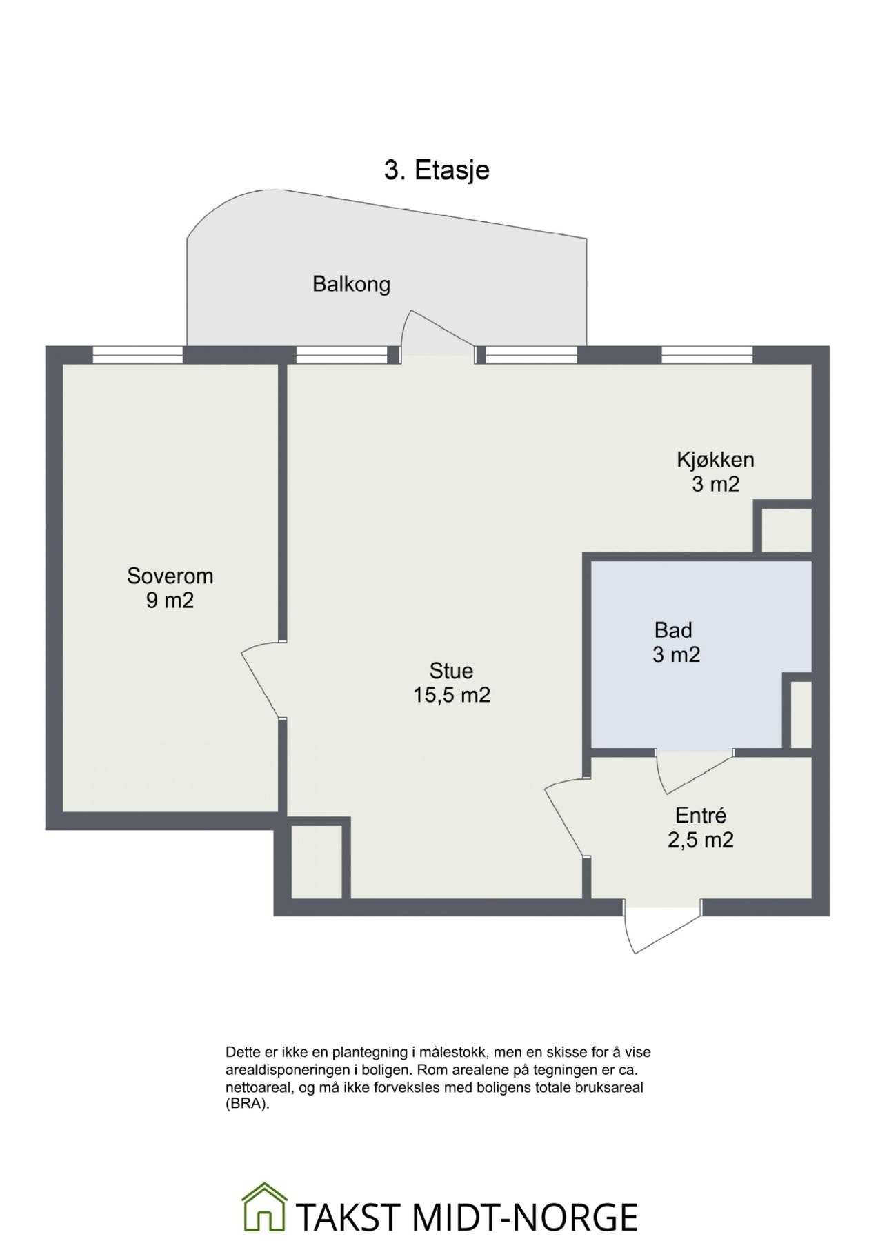 Planskisse - 3.etasje. Det medfølger for øvrig to boder med leiligheten, én på loft og én i kjeller. Galleribilde