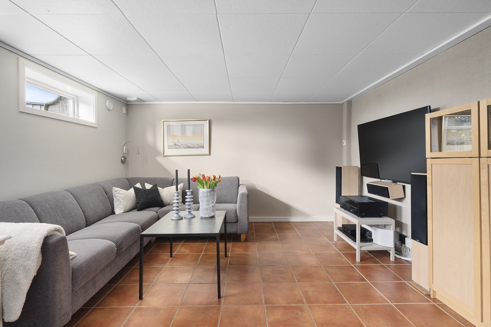 I kjellerstuen er det god plass til sofagruppe og tilhørende møblement Galleribilde