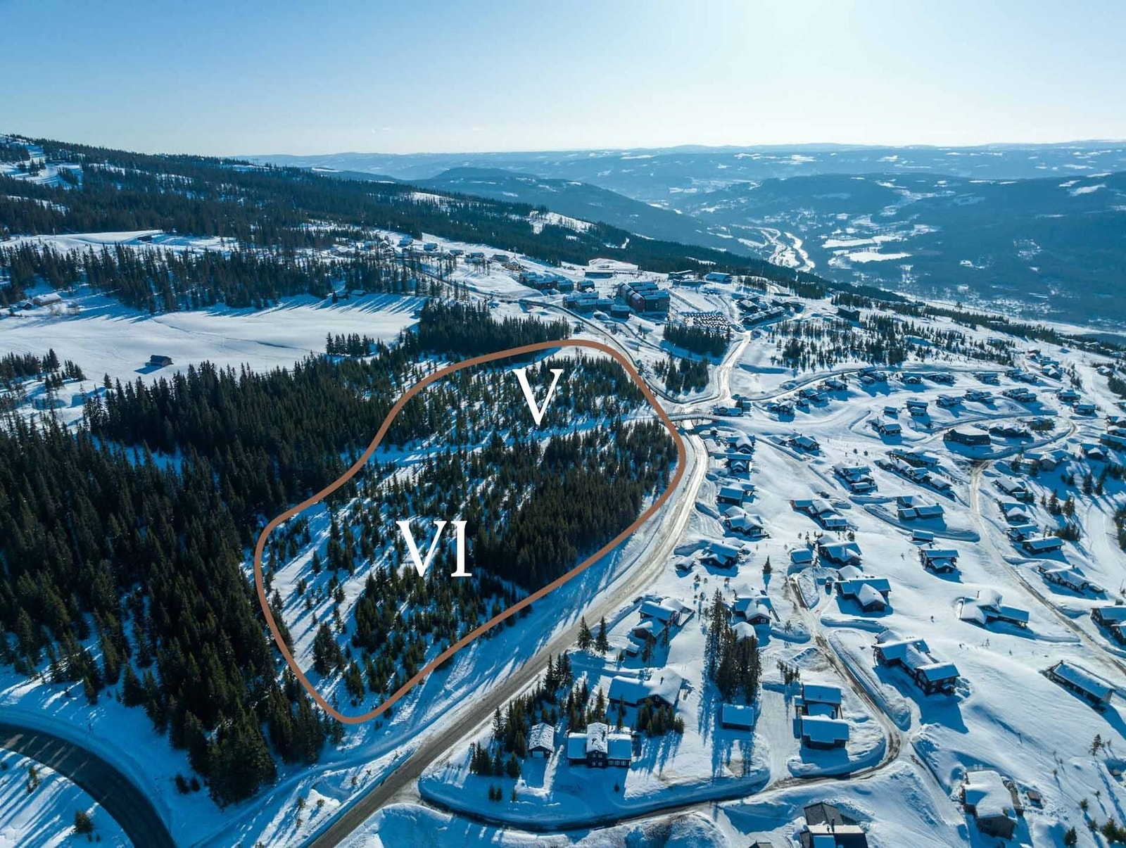 Tomteområde V og VI på Mosetertoppen markert. Tomt i annonsen ligger i felt VI Galleribilde