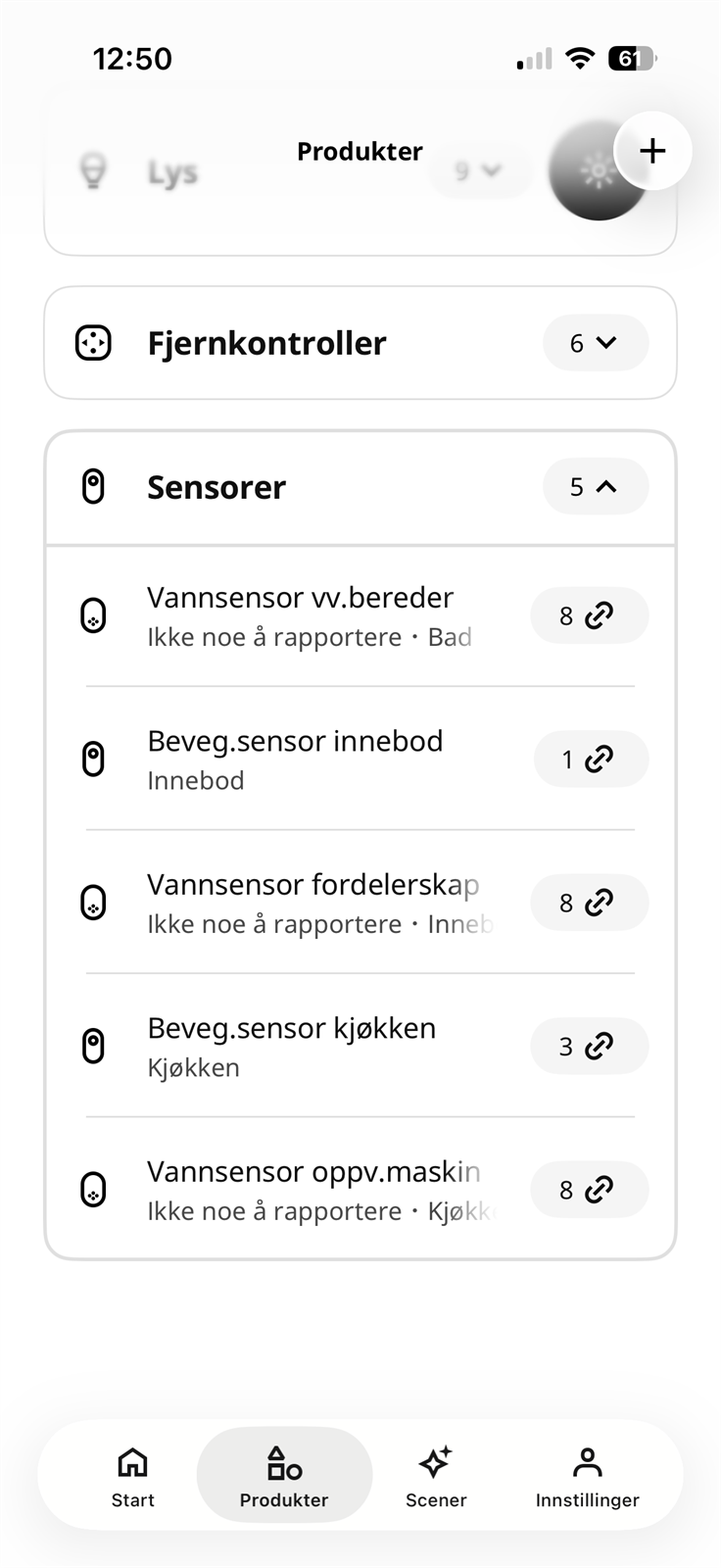 Enhetsliste sensorer tilkoblet IKEA Home Smart. Galleribilde