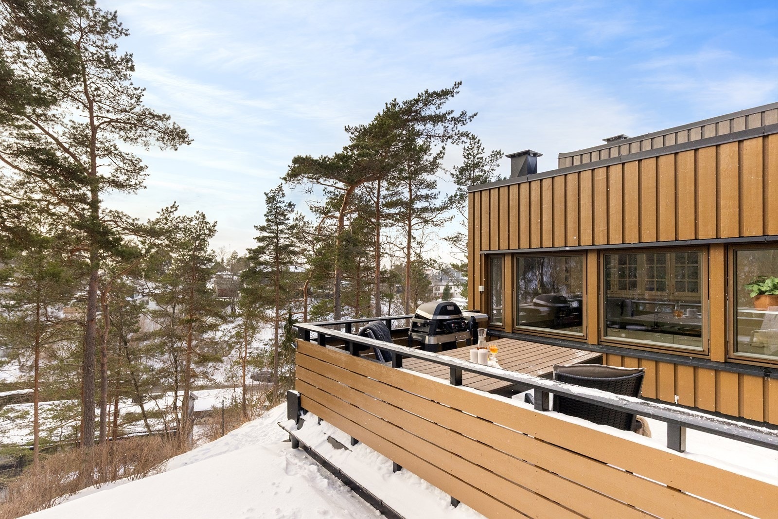 Terrassen gir fint utsyn mot grøntområder og skogholt. Galleribilde