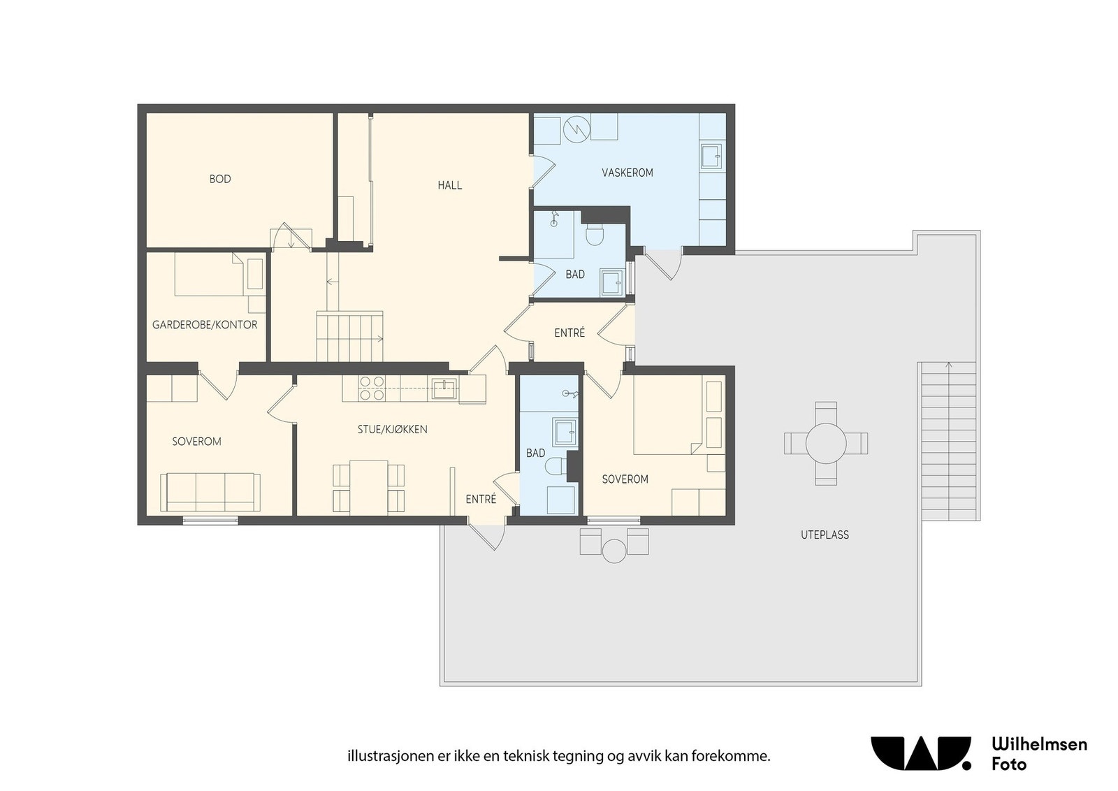 Planløsning underetasjen - Med dør til utleiedelen kan denne fint benyttes selv om du trenger all plassen - Under uteplassen er det garasje på 30 kvm Galleribilde