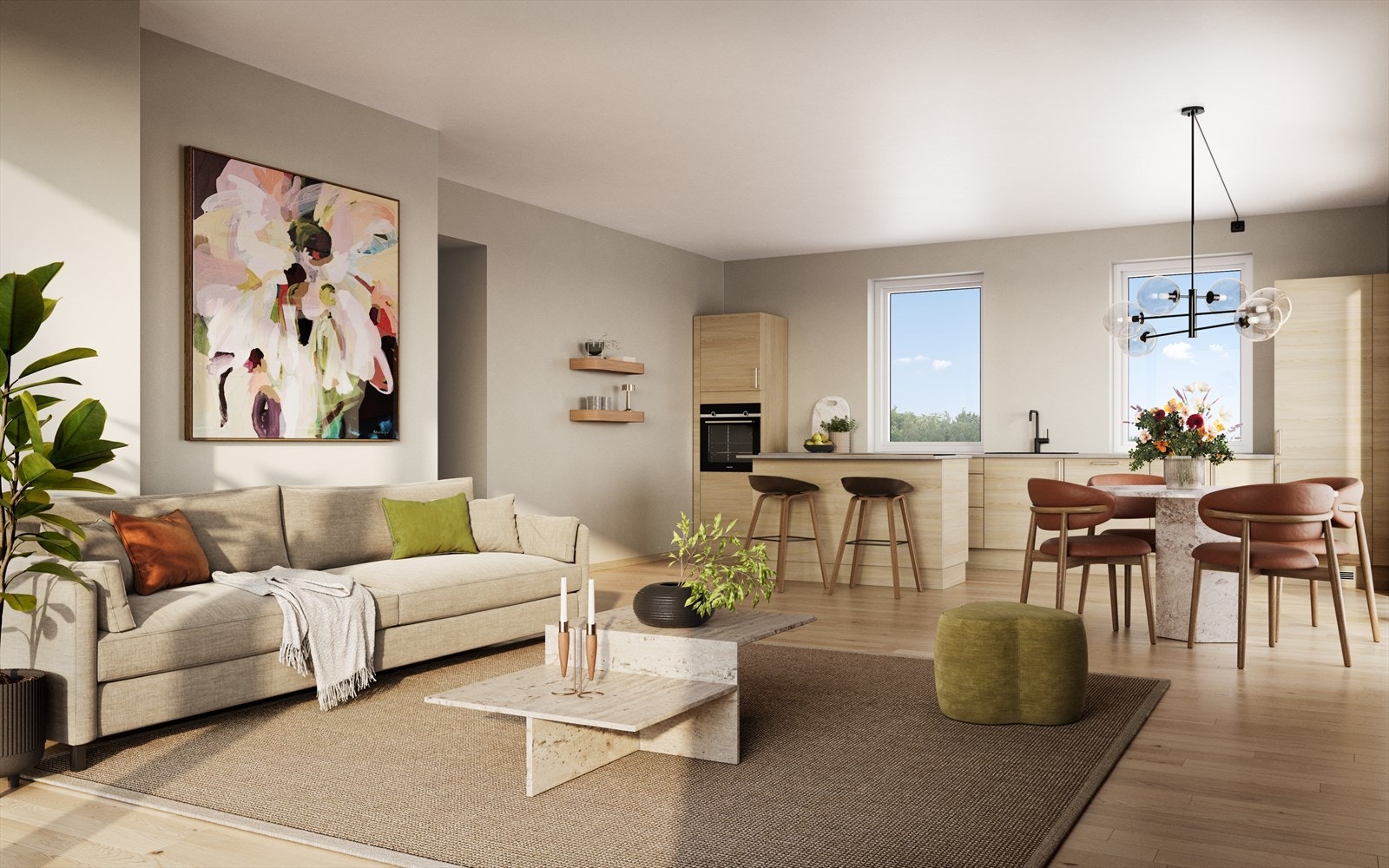 Illustrasjon stuekjøkken. Leilighetene leveres med kvalitetskjøkken fra HTH og integrerte hvitevarer. Galleribilde