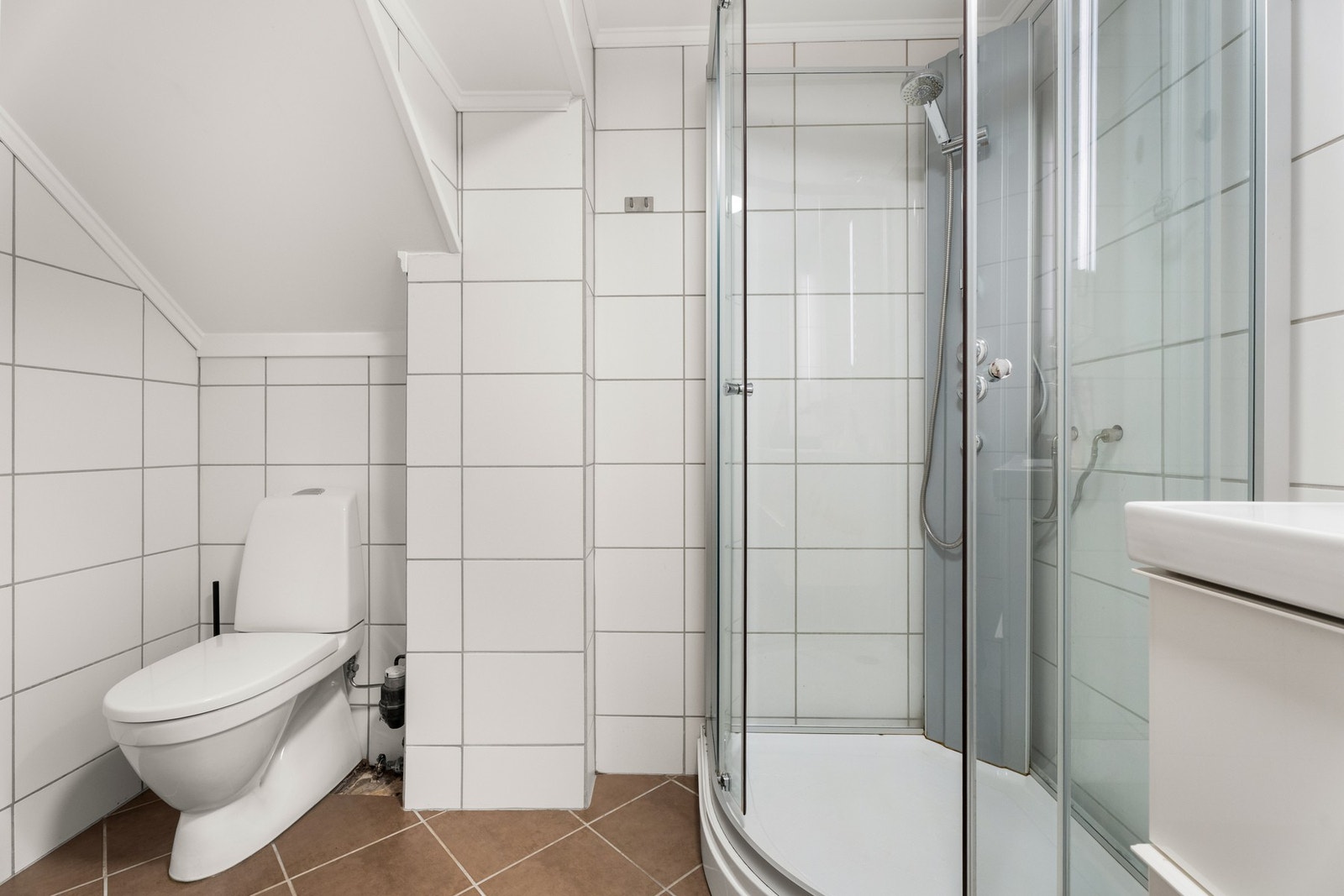 Dusjkabinett og gulvstående toalett Galleribilde