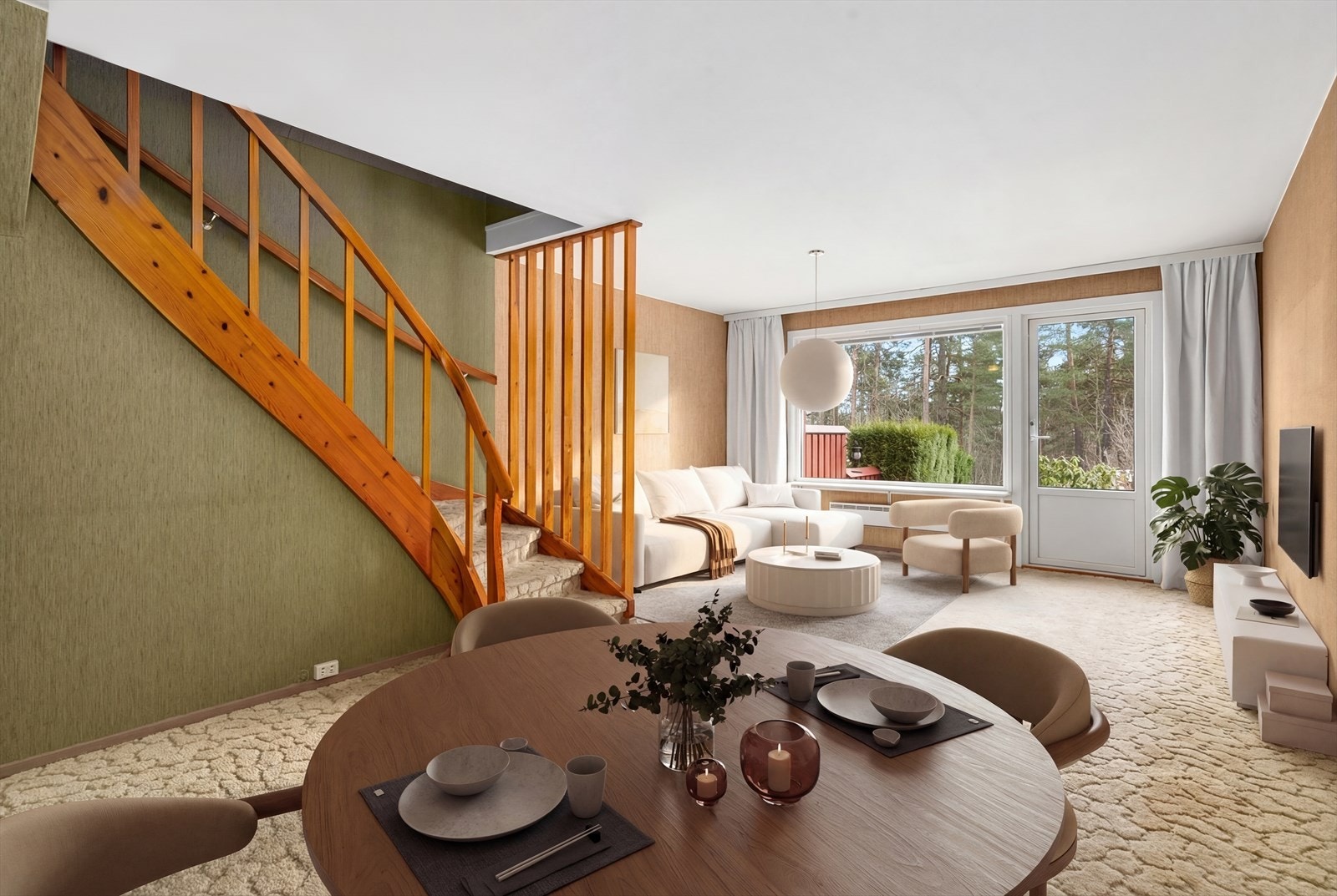 Leiligheten har en lys og romslig stue med god plass for både sofagruppe og spisebord. Stuen har gode vindusflater som slipper rikelig med naturlig lys inn. Bildet har digital styling og er en illustrasjon Galleribilde