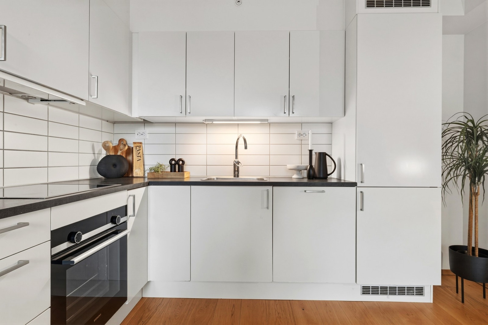 Kjøl-/frys, stekeovn, oppvaskmaskin og platetopp Galleribilde