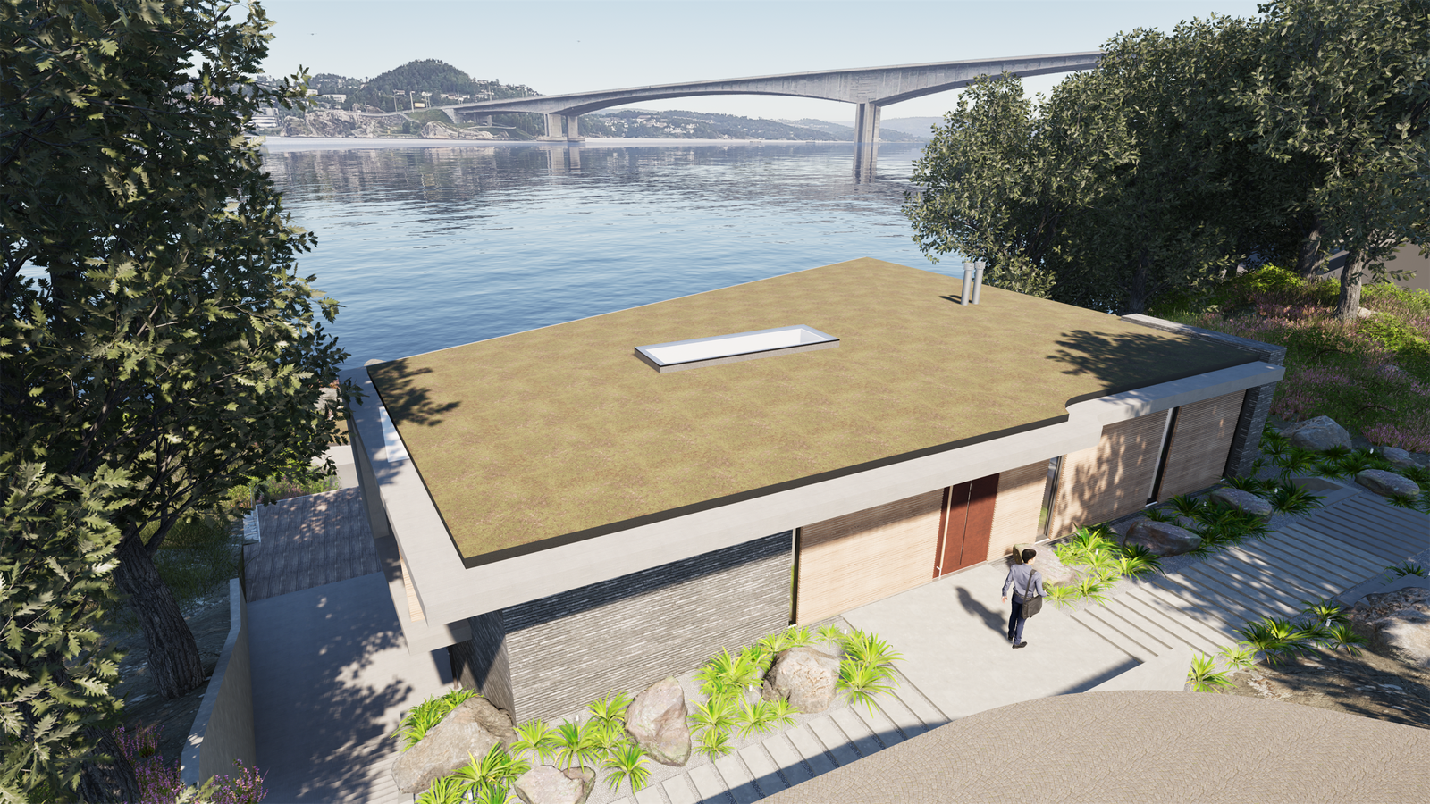 Utsikten fra garasjen. Huset faller fint inn i terrenget. Galleribilde