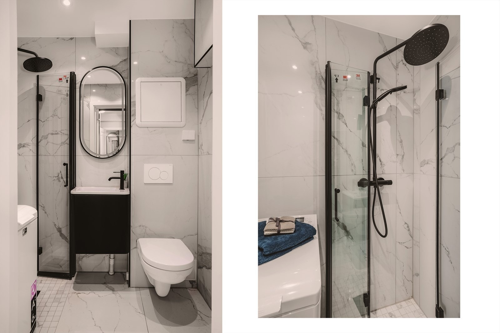 Videre er badet utstyrt med vegghengt toalett, dusjhjørne med glassdører samt opplegg for vaskemaskin Galleribilde