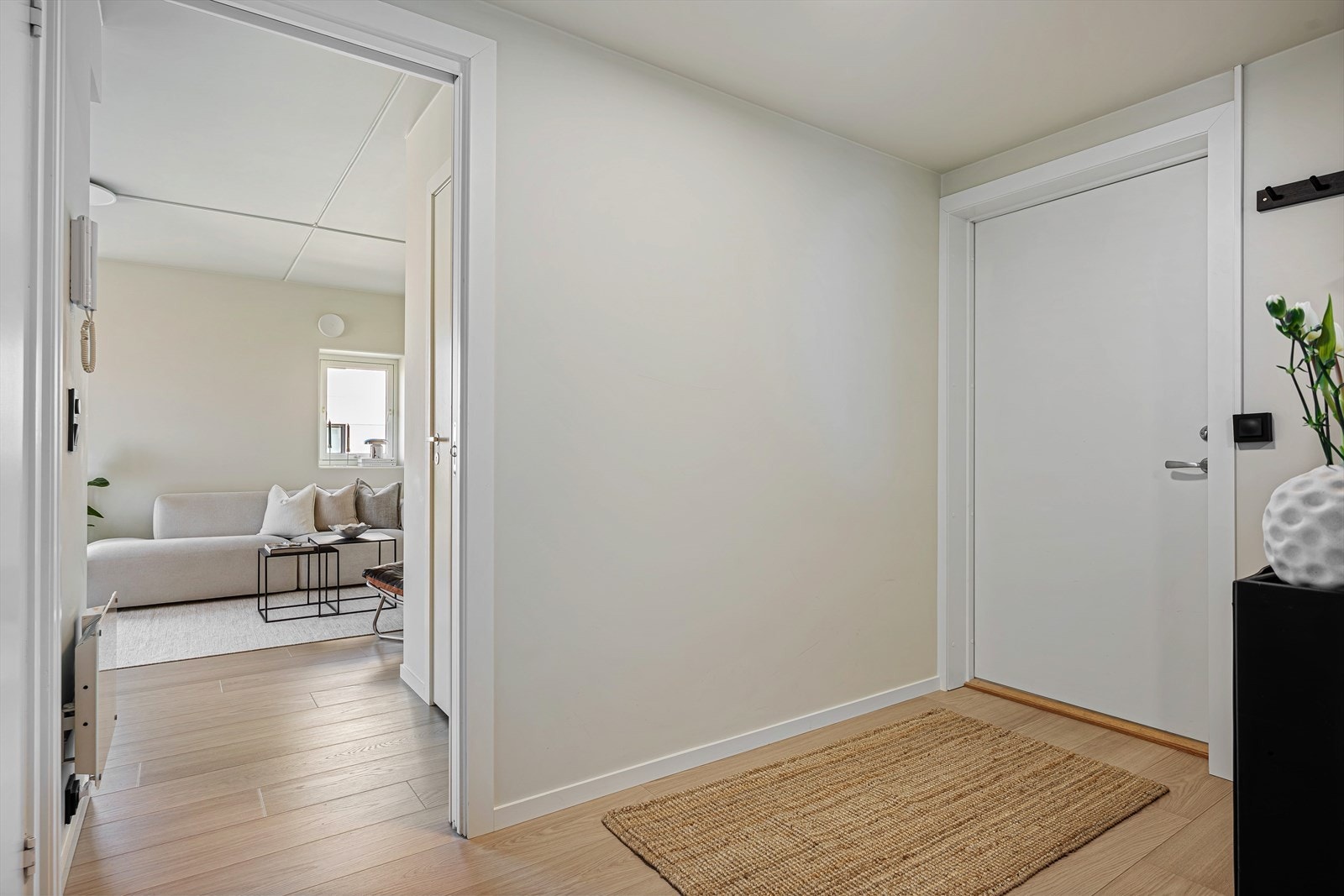 Via et lyst inngangsparti møtes du av en åpen, romslig gang med plass til oppheng av yttertøy og sko. Galleribilde