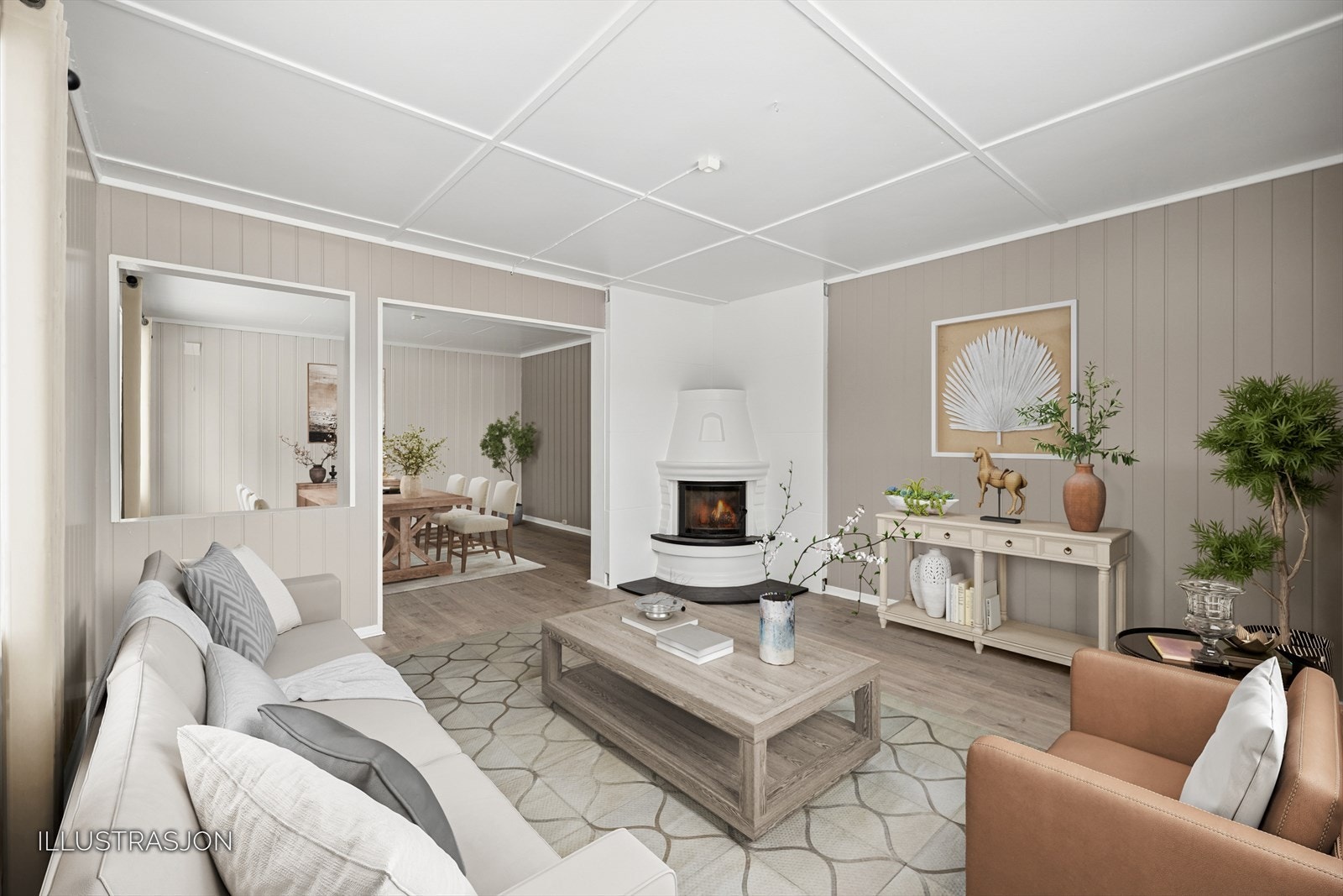 Illustrasjon som viser et møbleringsforslag for stuen. Galleribilde