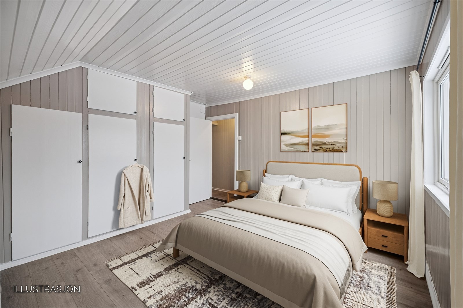 Illustrasjon som viser et møbleringsforslag for ett av soverommene. Galleribilde