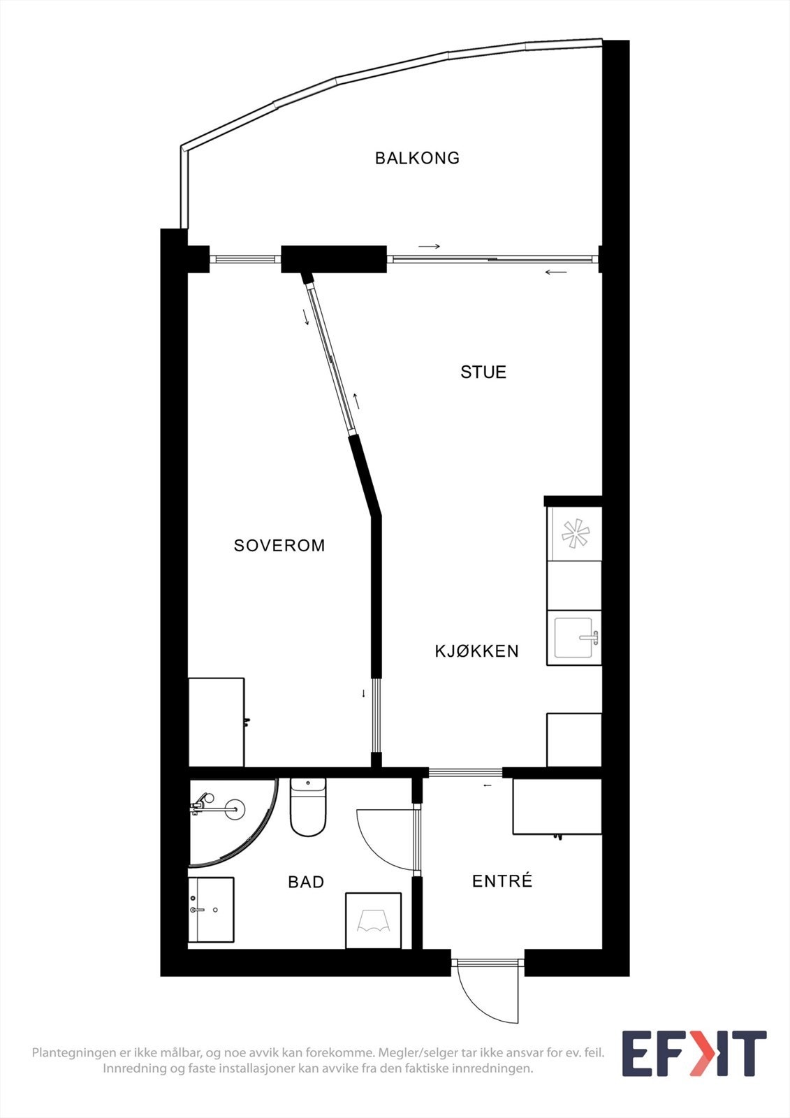 Leiligheten har en arealeffektiv planløsning på 34 m² som omfatter entré, bad, soverom og stue med åpen kjøkkenløsning. Galleribilde