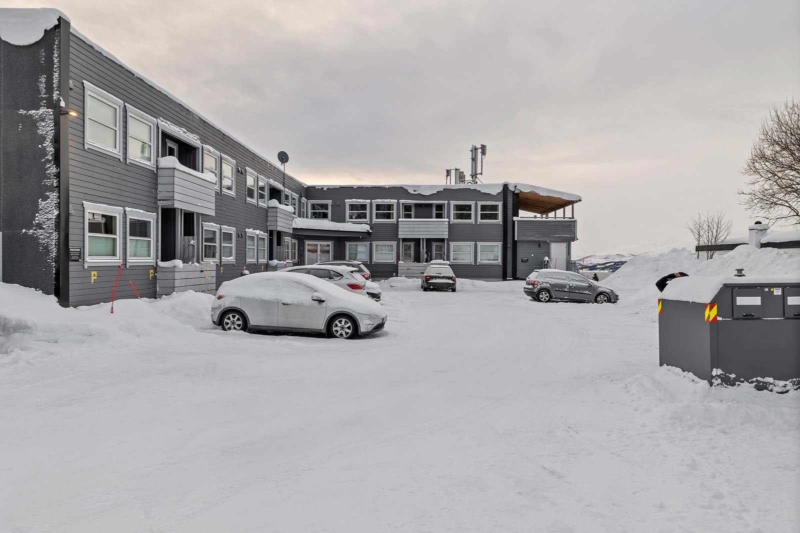 Felles parkeringsplass rett utenfor inngangsparti. Galleribilde