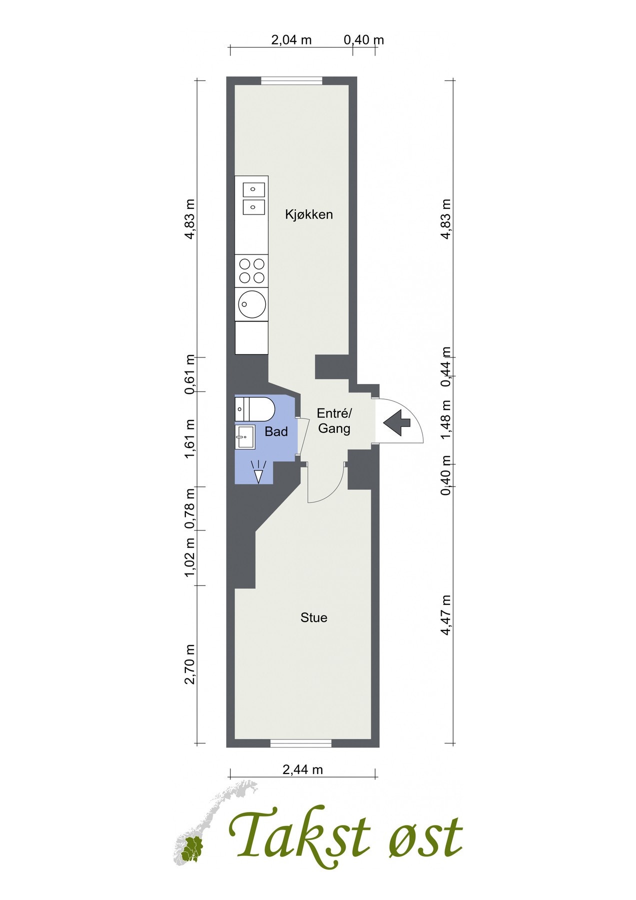 Plantegning. I tillegg disponerer leiligheten en ekstern bod på ca 1 kvm like ved boligen i samme etasje ihht til tidligere prospekt. Galleribilde