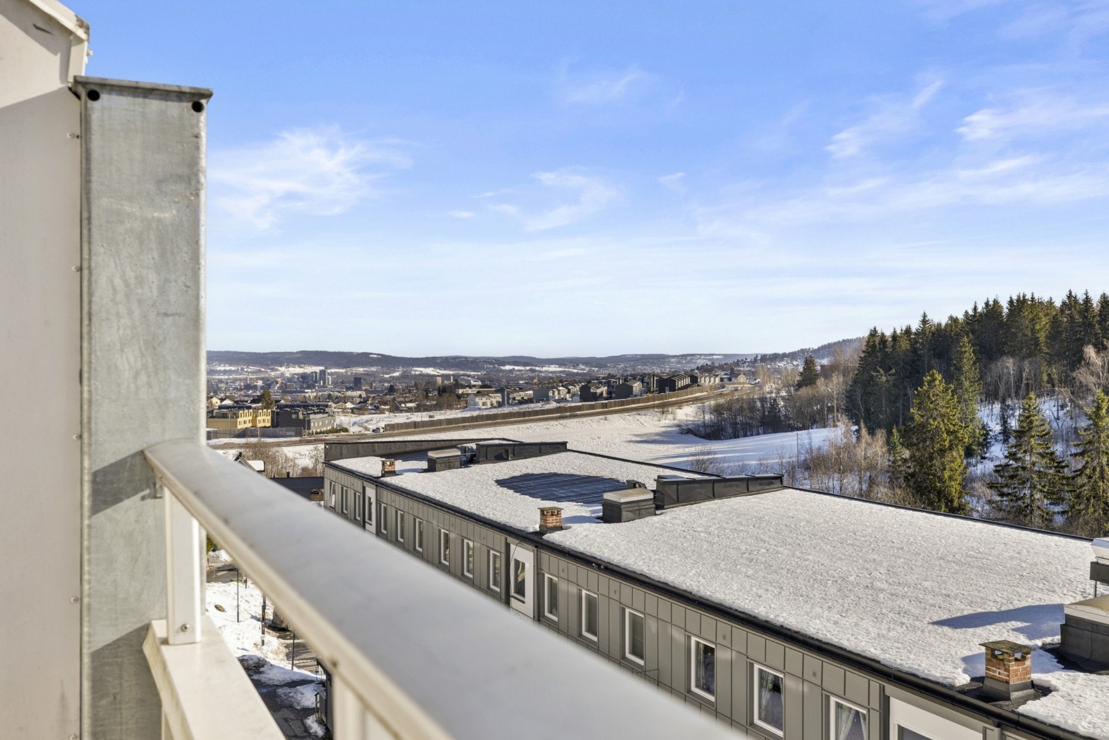 Utsikt fra terrassen gir panoramabilde av området med skog og bygninger. Galleribilde