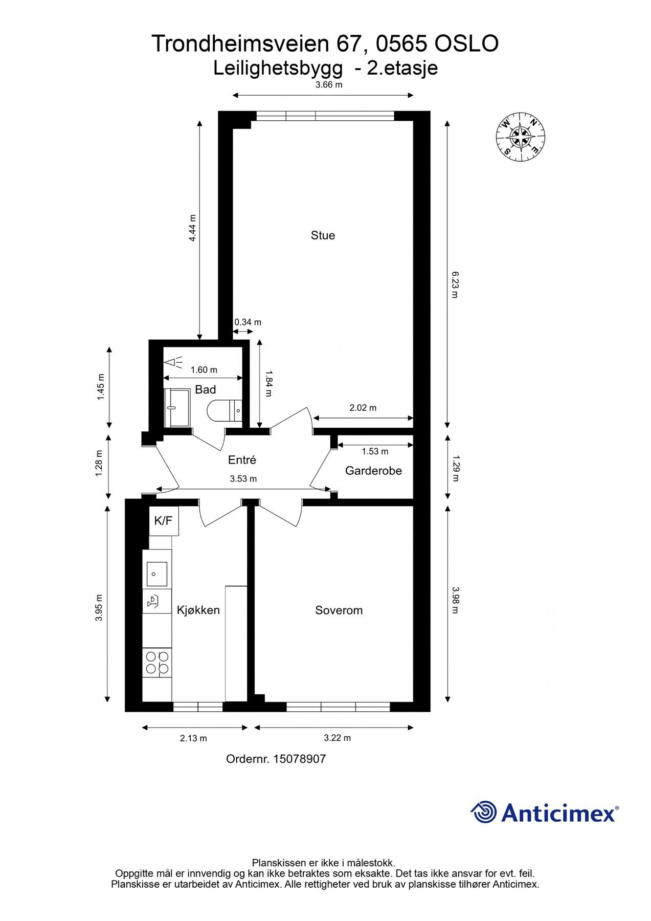 Plantegning 2. etasje. I tillegg disponerer leiligheten en kjellerbod på ca. 1m² og en loftsbod på 2m². Galleribilde