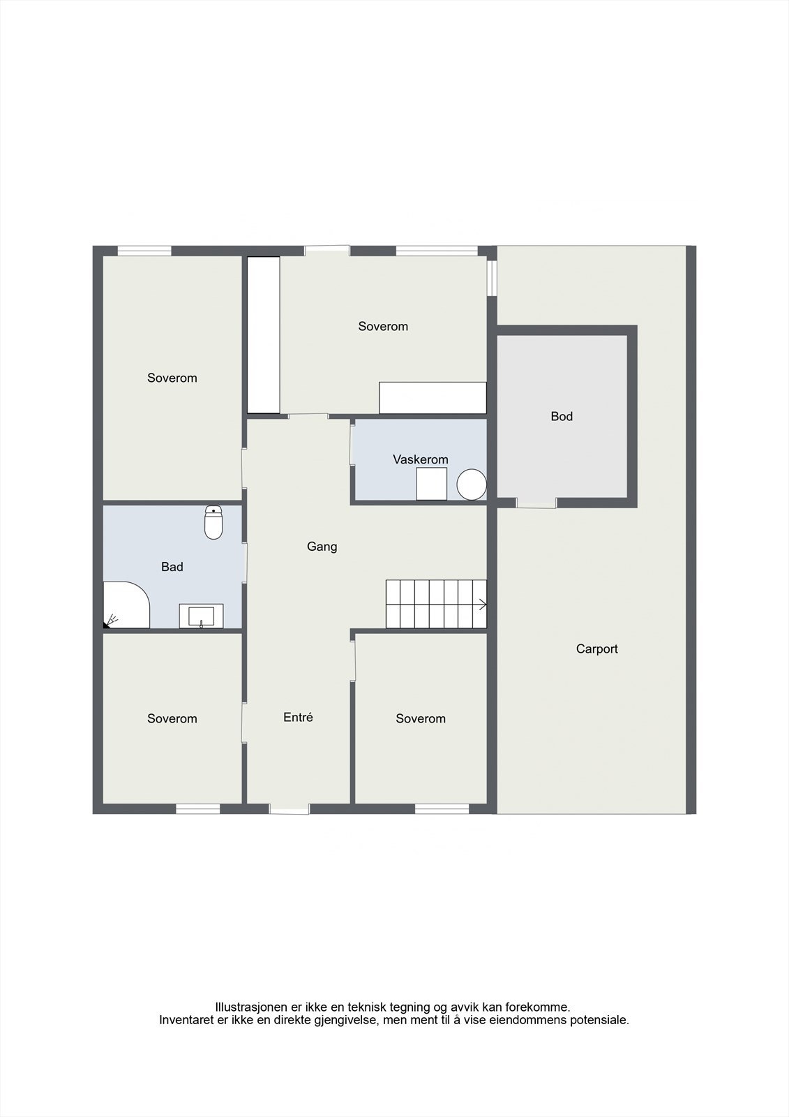 Første etasje har en familievennlig planløsning med fire soverom, bad og vaskerom. Galleribilde