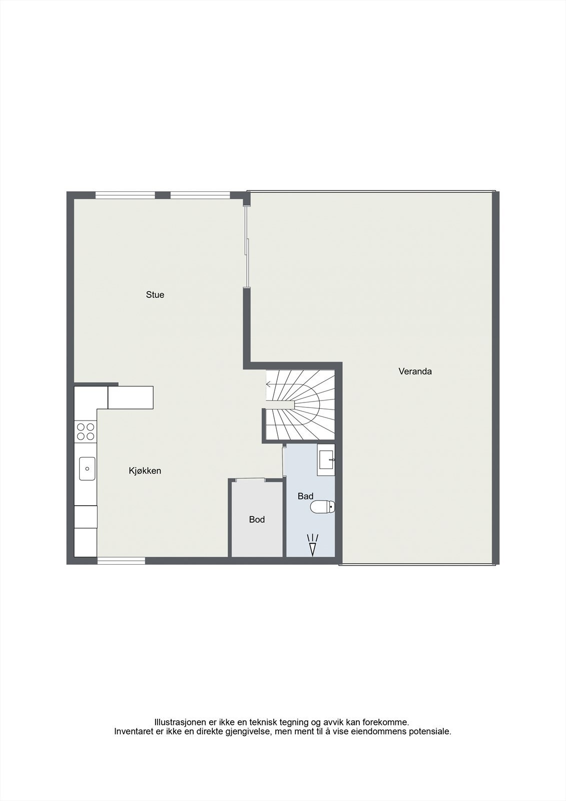 Andre etasje er boligens sosiale sone, med åpen stue- og kjøkkenløsning og utgang til veranda. Galleribilde