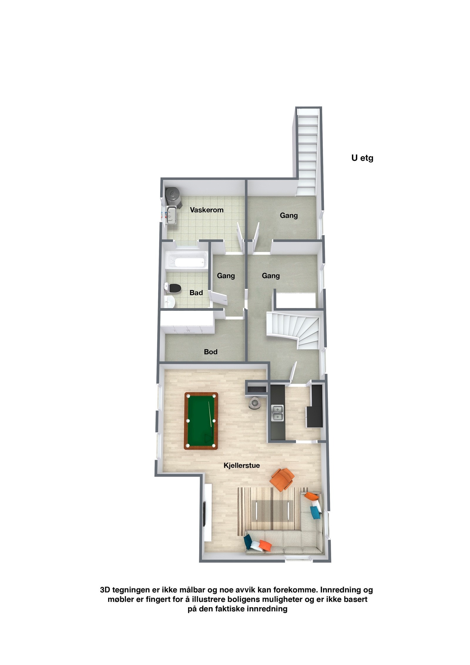 Plantegning kjeller. Ved bruksendring av rommene i kjeller har man mange muligheter pga egen inngang og god takhøyde. Galleribilde