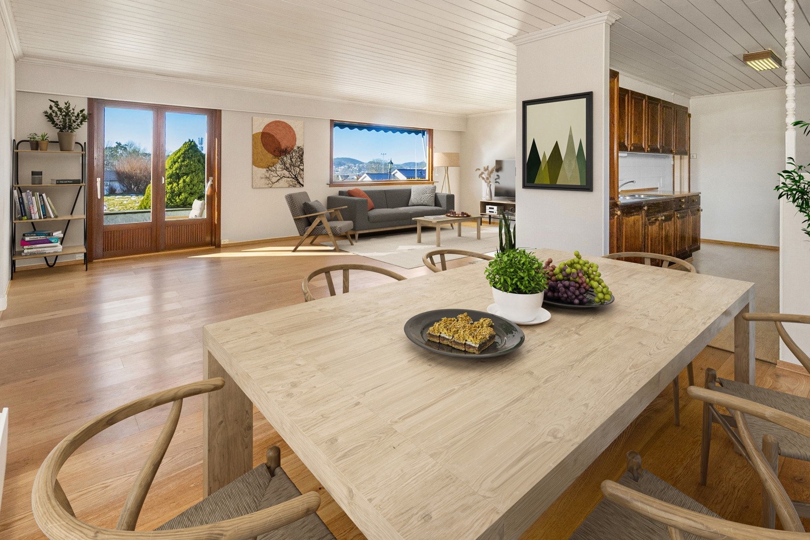 Spisestue med direkte tilknytning til kjøkken. Her er det muligheter til å åpne opp og få en litt mer moderne kjøkkenløsning. Galleribilde