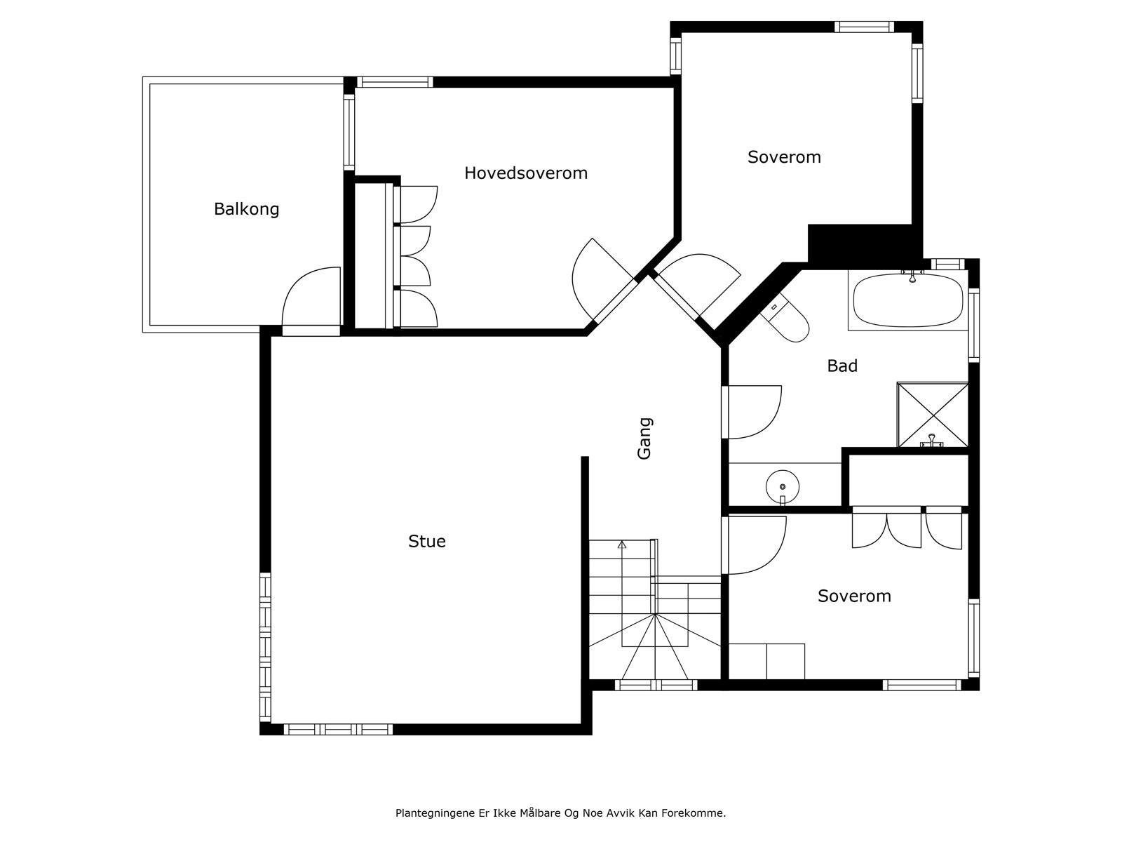 Plantegning av 2 etg: Gang, stue/soverom, 3 soverom, bad/wc, balkong Galleribilde