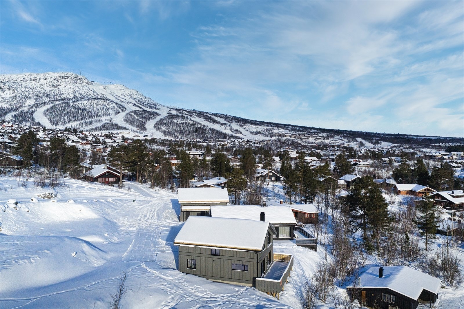 Hytten ligger sentralt til med flott utsikt over Hovden - Nos og alpin bakken ses i bakgrunnen. Galleribilde