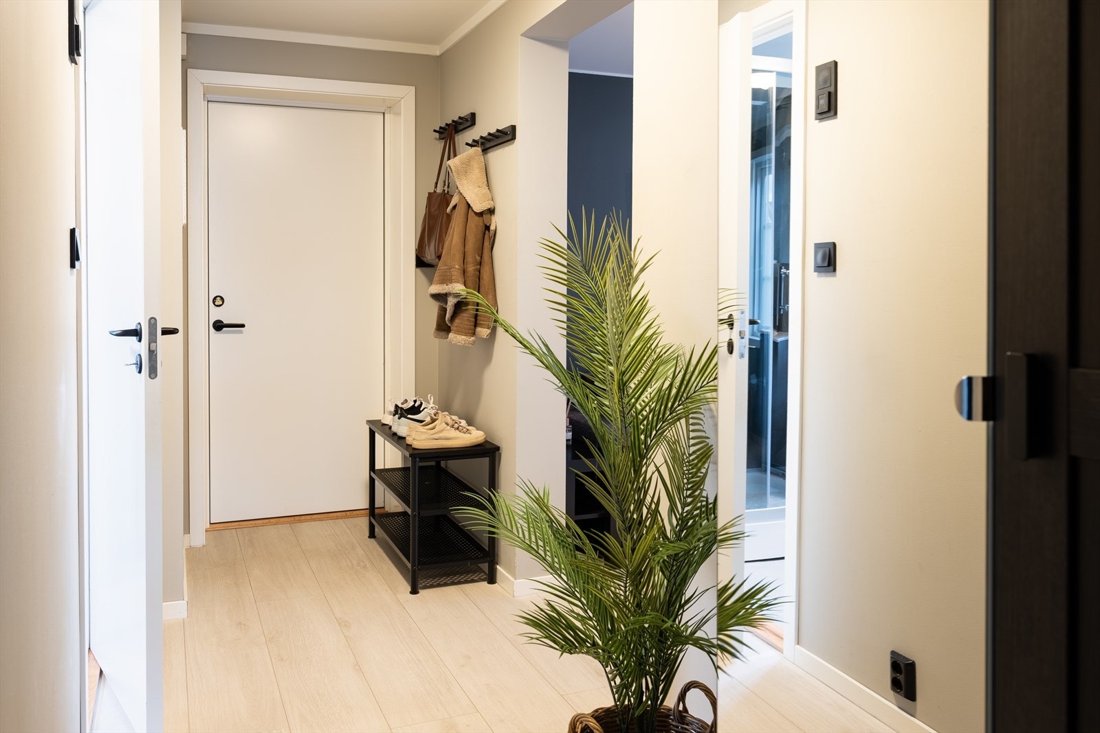 Innbydende entré med plass til oppheng av klær og plassering av sko. Galleribilde