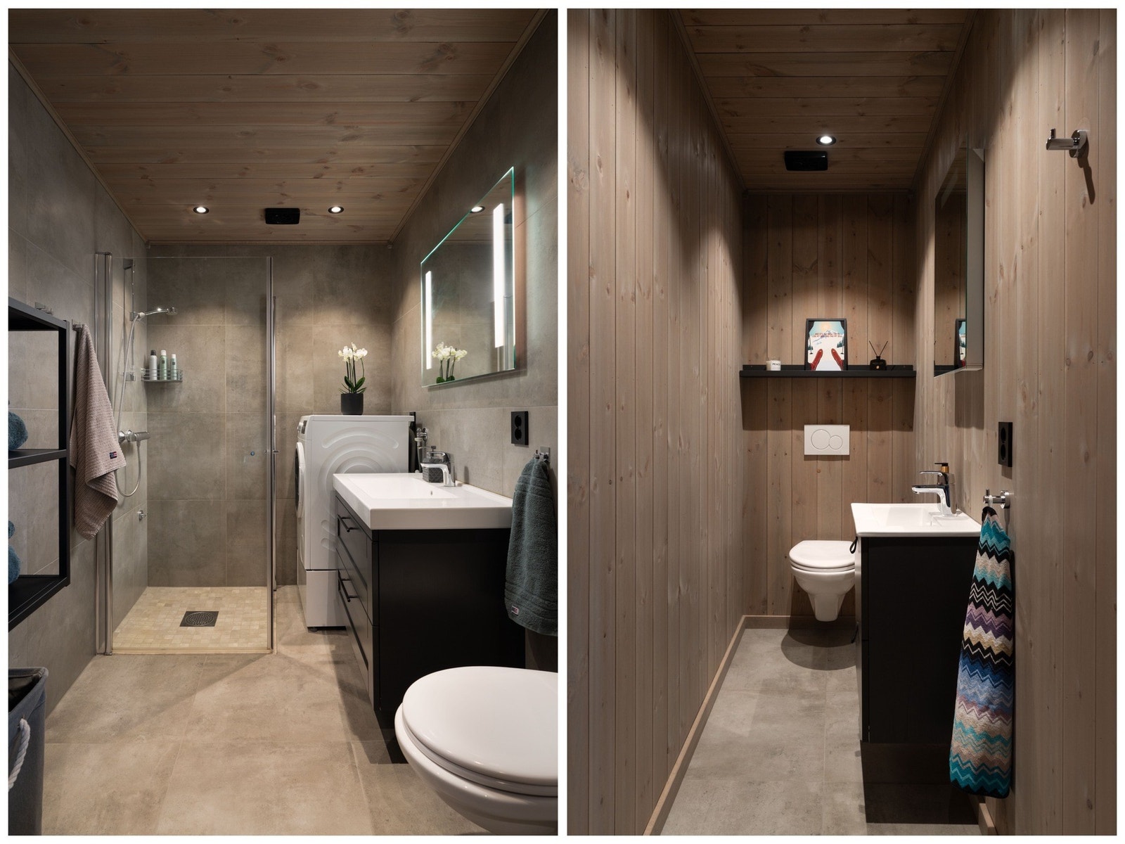 Pent flislagt bad med termostatstyrt varme i gulv. Veggmontert toalett på begge rom. Galleribilde