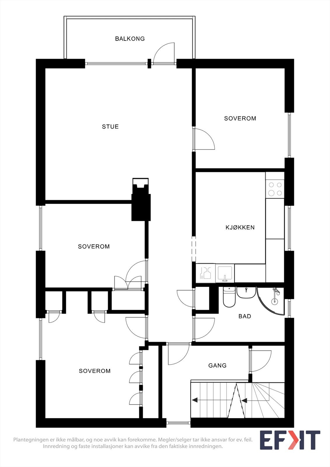 Leilighetens hovedplan i 2. etasje har en praktisk romfordeling med tre soverom Galleribilde