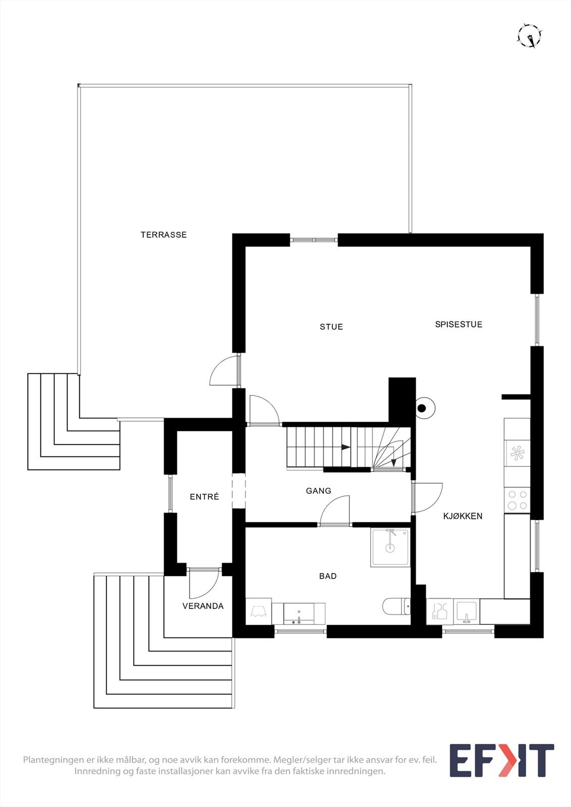 Første etasje har en sosial sone med stue, spisestue og kjøkken, samt bad og entré. Galleribilde