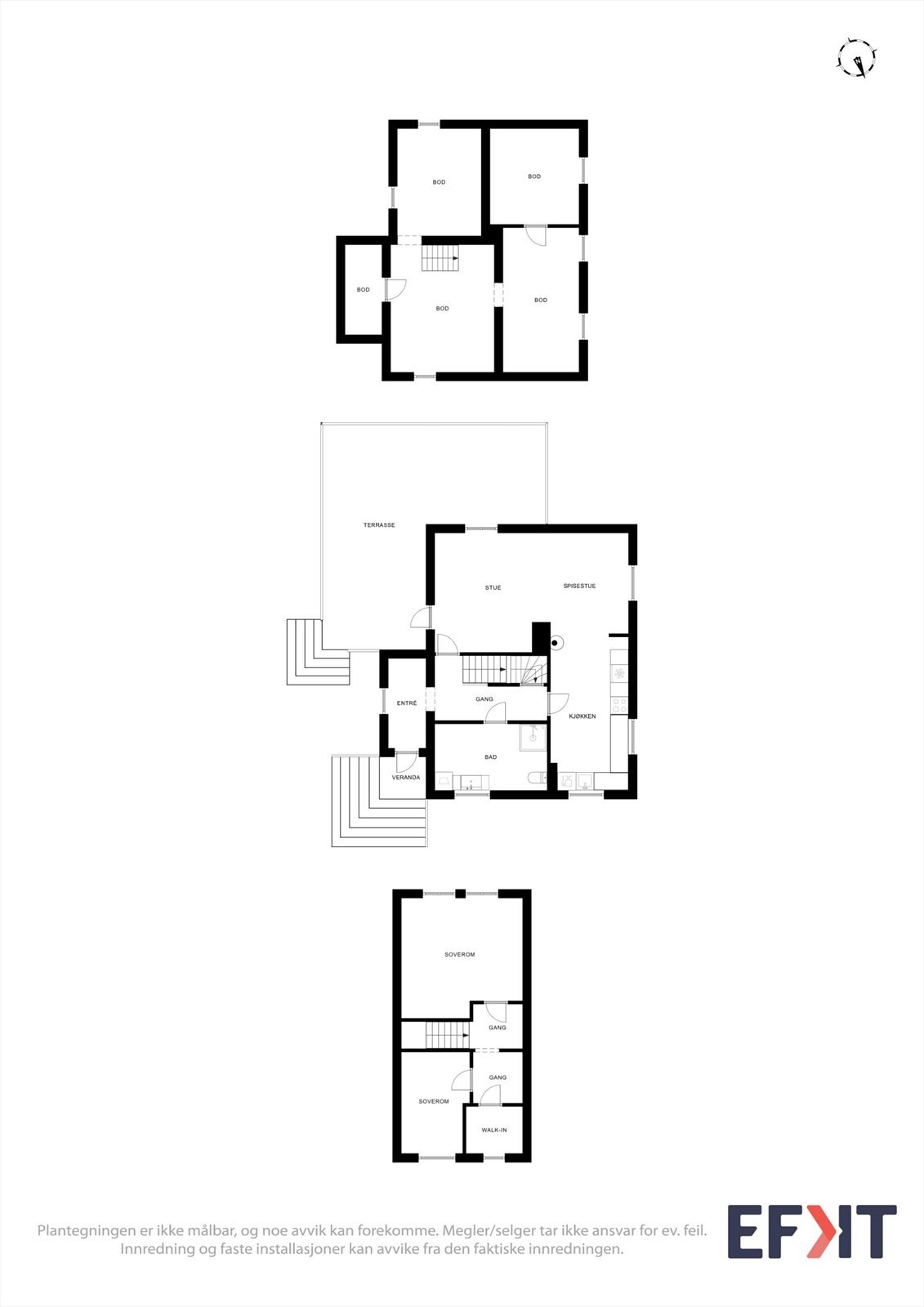 Plantegningen viser eneboligens fordeling over tre plan, med oppholdsrom, soverom og kjeller. Galleribilde